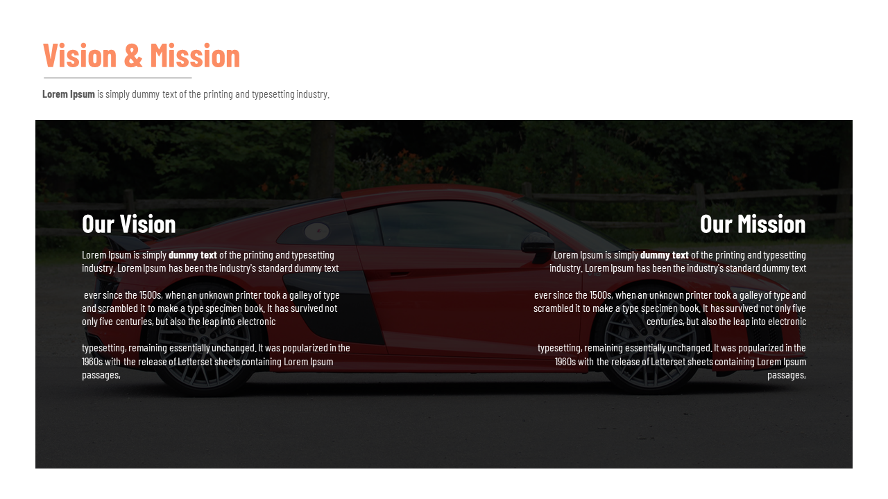 Vision and mission statements in two columns with a black overlay on a background showing a red car.