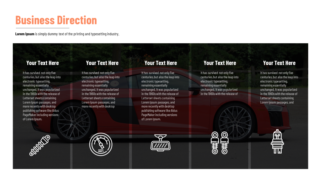 Five dark vertical transparent panels over a red car image, each with an icon and placeholder text.
