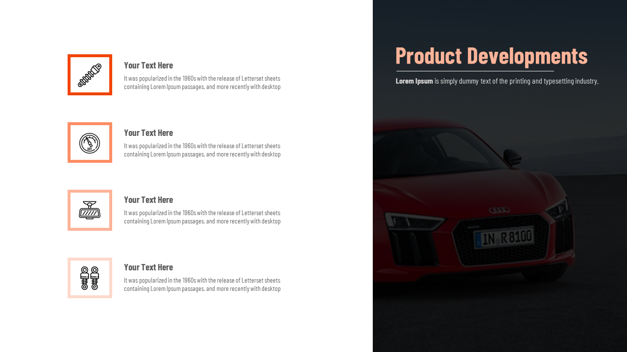 Vertical list with four orange icons and descriptions on the white space and a dark car image on the right background.