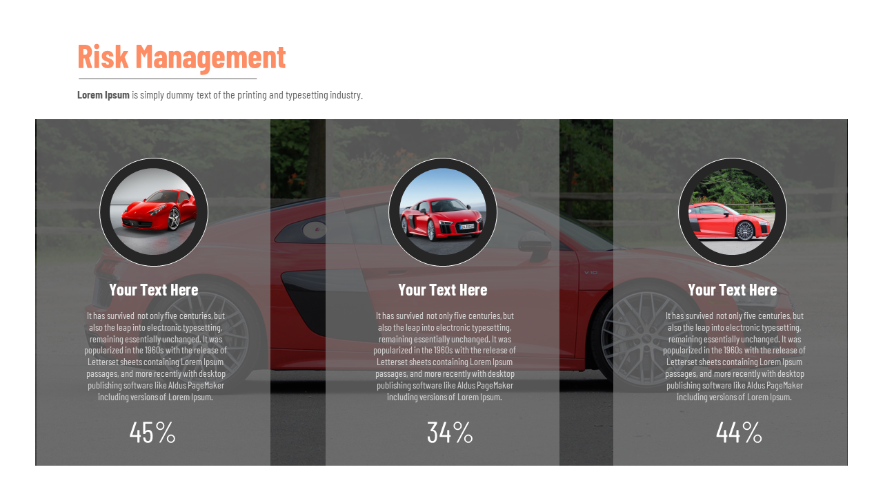 Dark transparent overlay with three column layout with red sports car icons, each followed by a description and percentage.