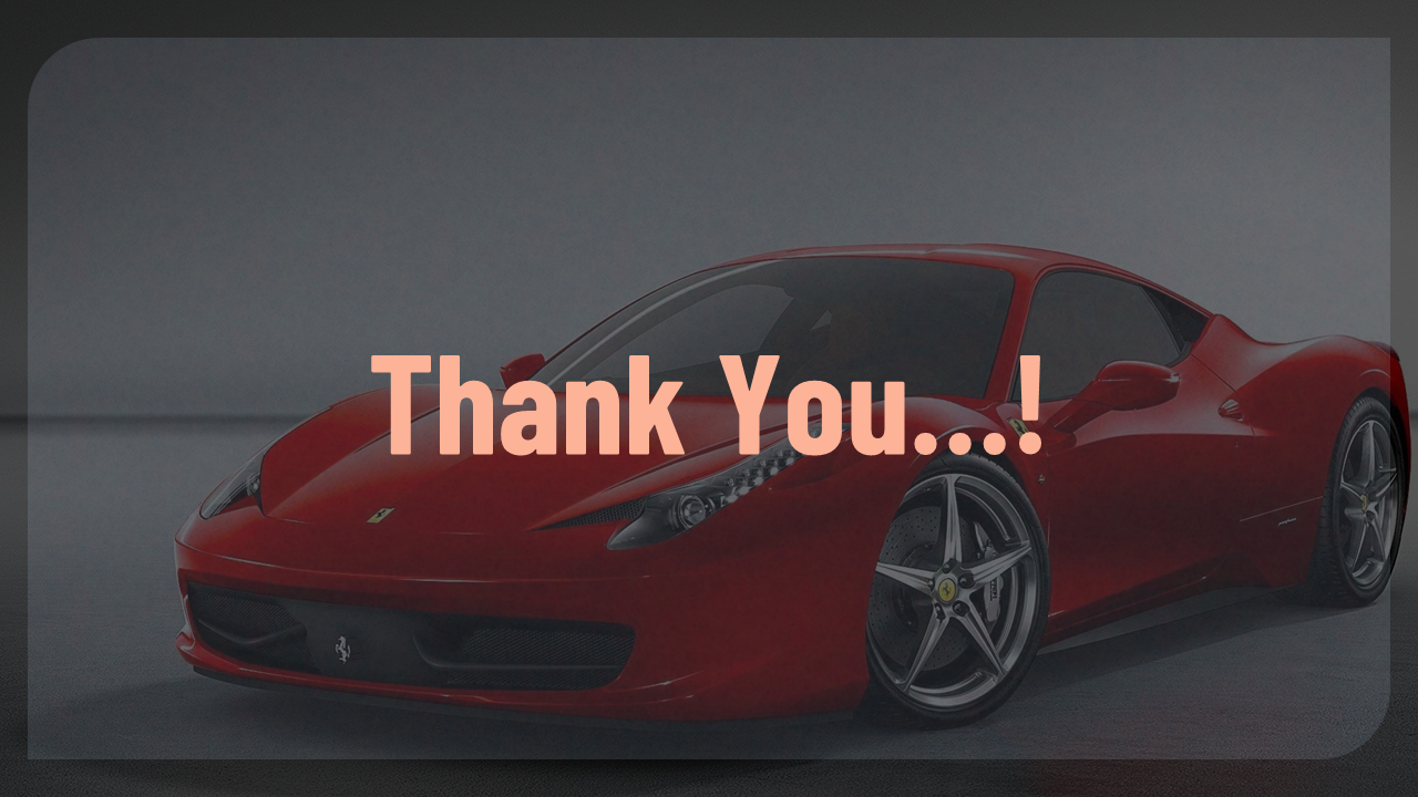 Thank you slide with bold peach text overlaying a sleek red sports car on a dark gradient background.