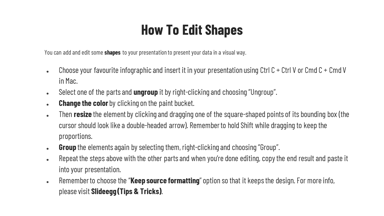 Clean instructional layout with dark bold title, black bullets, and emphasized keywords in bold for visual editing steps.