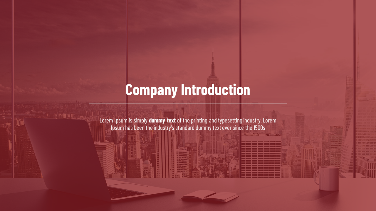 Centered white text over a red filtered office window view of city skyline with a laptop and coffee cup in the foreground.