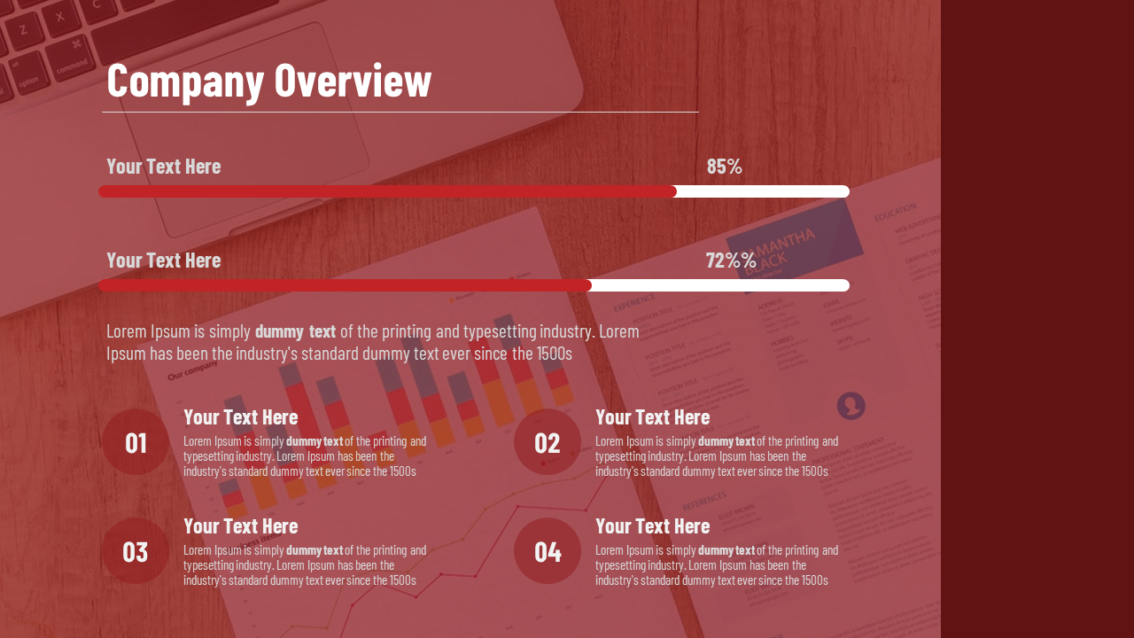 Red overlay slide with two progress bars and four numbered text sections over business documents background.