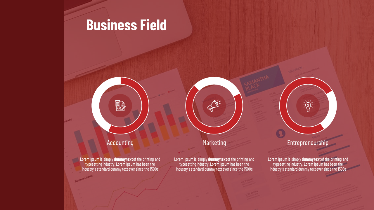 Red themed slide with three circular progress charts with business icons, set over a background of charts and a resume.