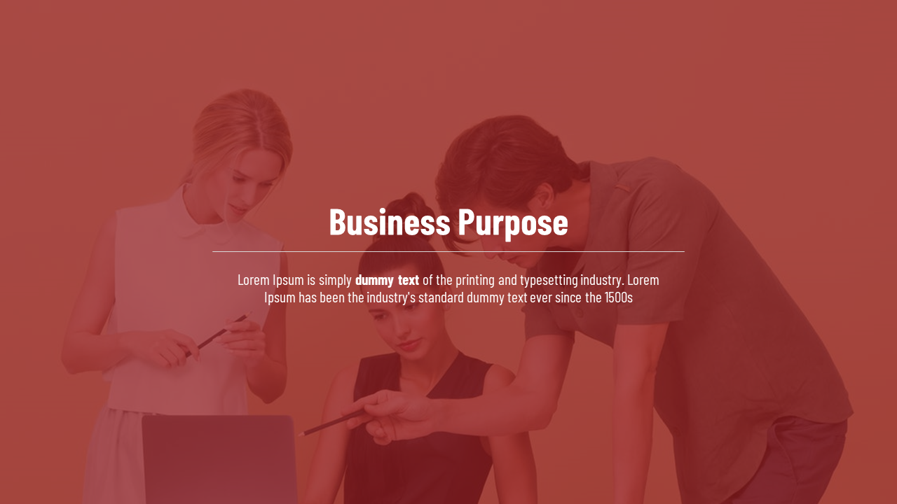 Centered white title and text over a red tinted image of three people collaborating around a laptop.