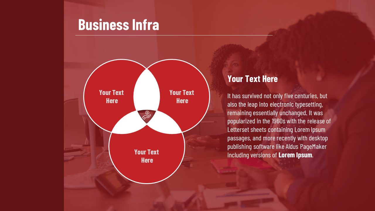 Red toned slide with three overlapping circles forming a Venn diagram and a center handshake icon, over a meeting background.