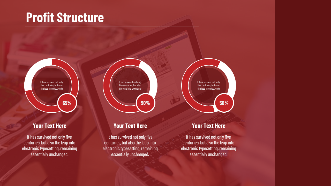 Red tinted background with three circular progress charts displaying percentages, over a blurred laptop screen.