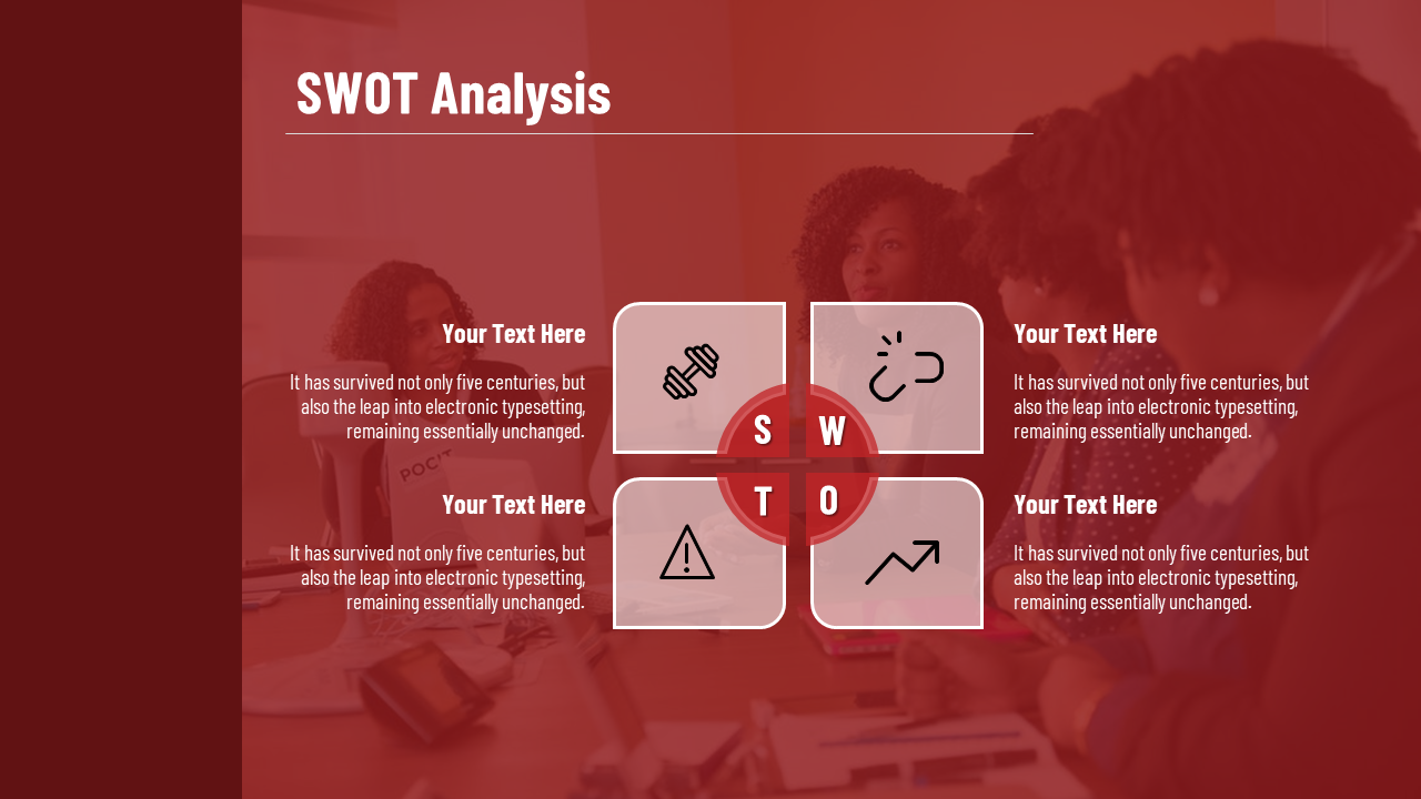 Red overlay slide with a four square SWOT matrix and icons, centered on a background of people in a business meeting.