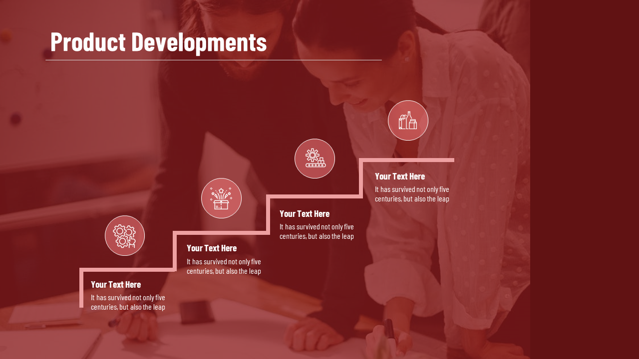 Slide with step outline path and four round icons, placed over a red tinted background of two people planning.