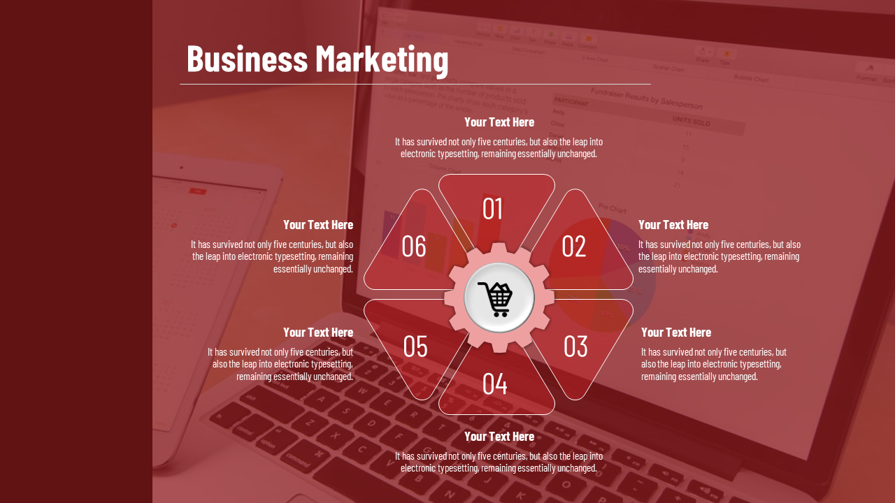 Hexagonal infographic with red triangles labeled 01 to 06 around a central shopping cart icon, on a laptop background.