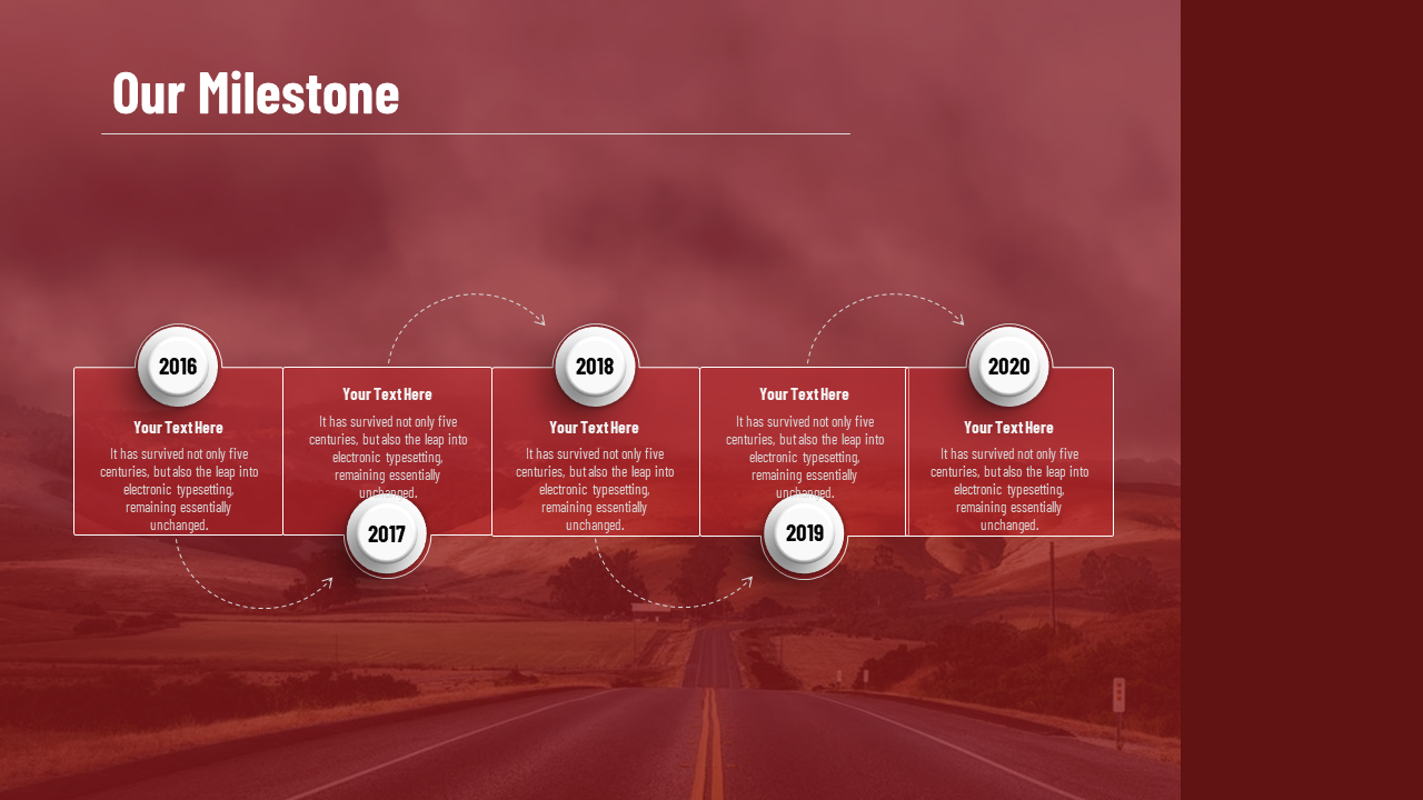Red tinted timeline slide with five white circular year markers on rectangular boxes, placed across a road background.
