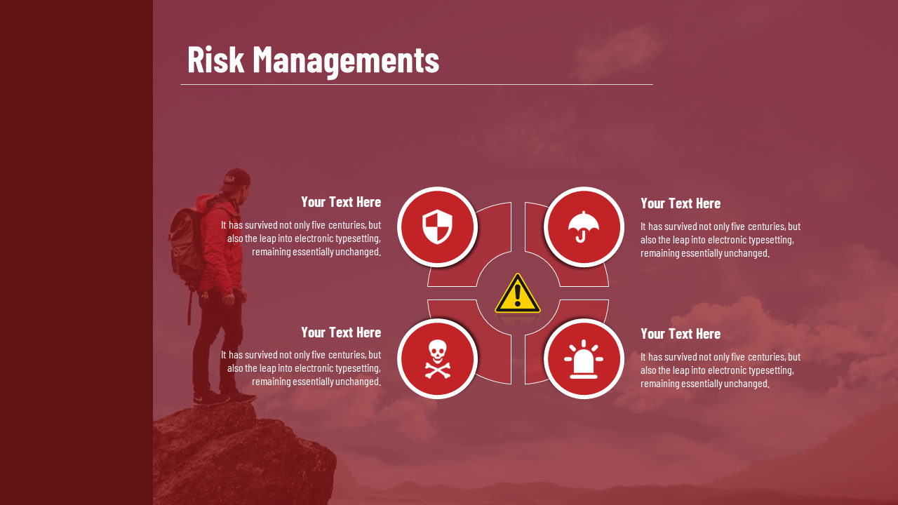 Red overlay slide with central warning icon and four circular icons paired with text, over a hiker background.