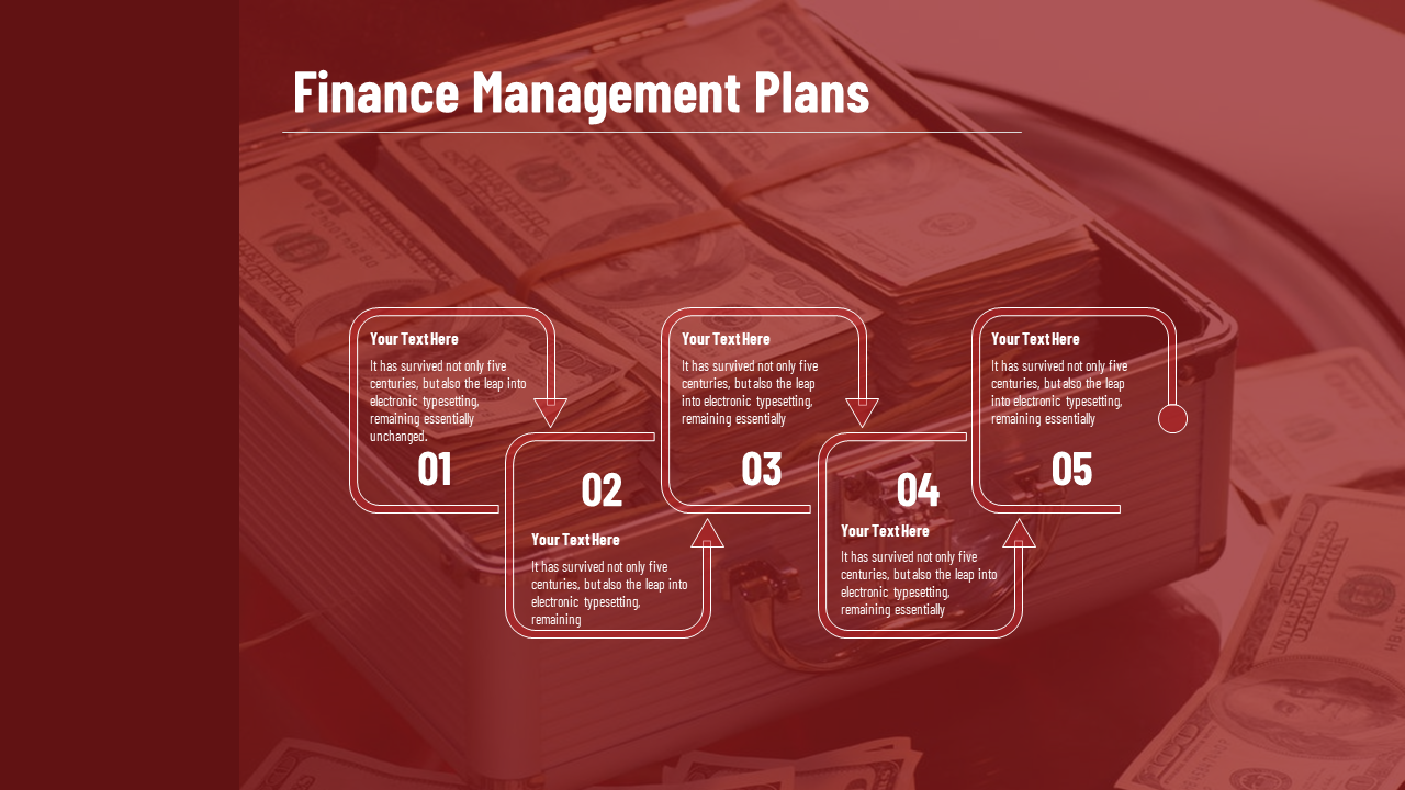 Slide features five numbered text boxes connected by arrows over a dark red background of cash bundles.
