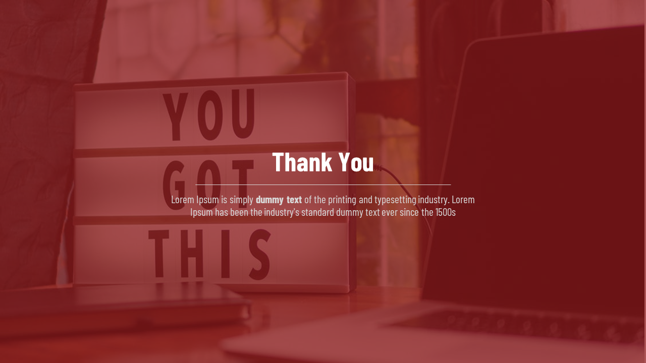 Dark red overlay on workspace showing rectangular signage, a laptop, and centered white text framed by thin horizontal line.