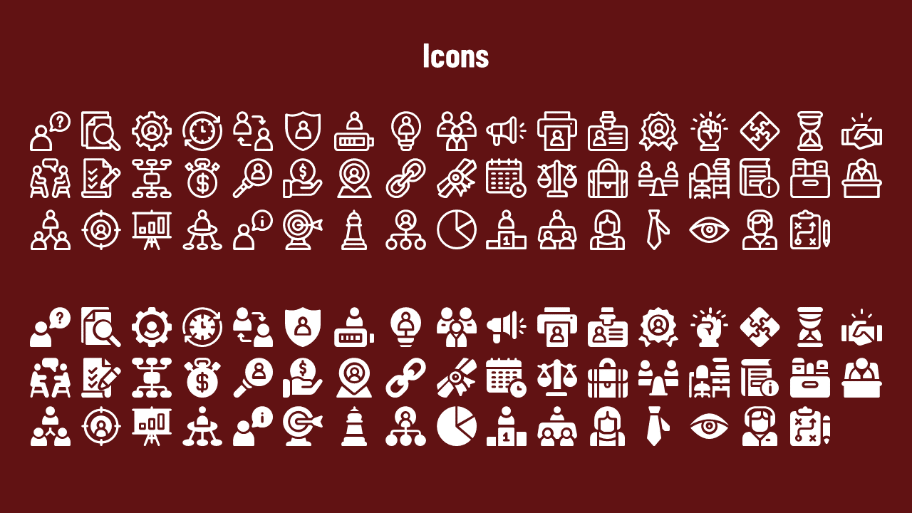 Grid layout featuring business themed icons in both outlined and filled white styles, on a bold red background.