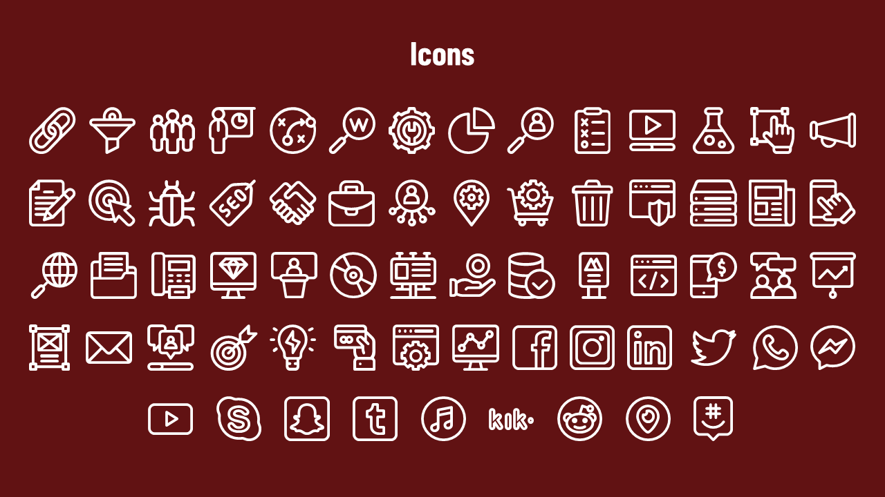 Grid of white outlined business and social media icons, arranged in rows, on a red background with a bold title.