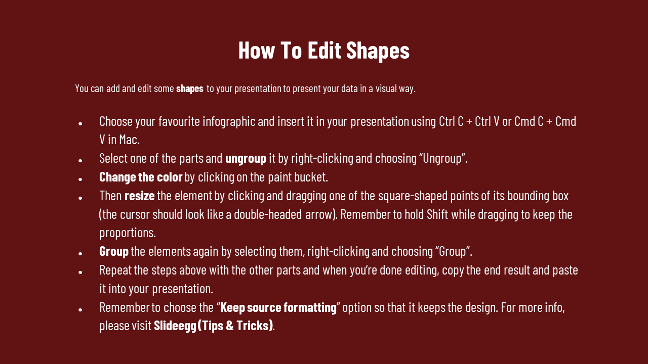 Detailed tutorial slide on editing shapes, with a red background, describing how to modify and group elements.