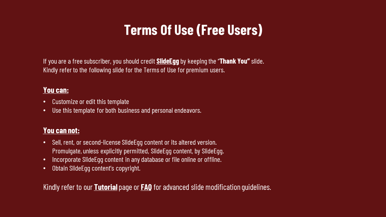 Red themed slide outlining terms for free users, with permission and restriction, and links for further modifications.
