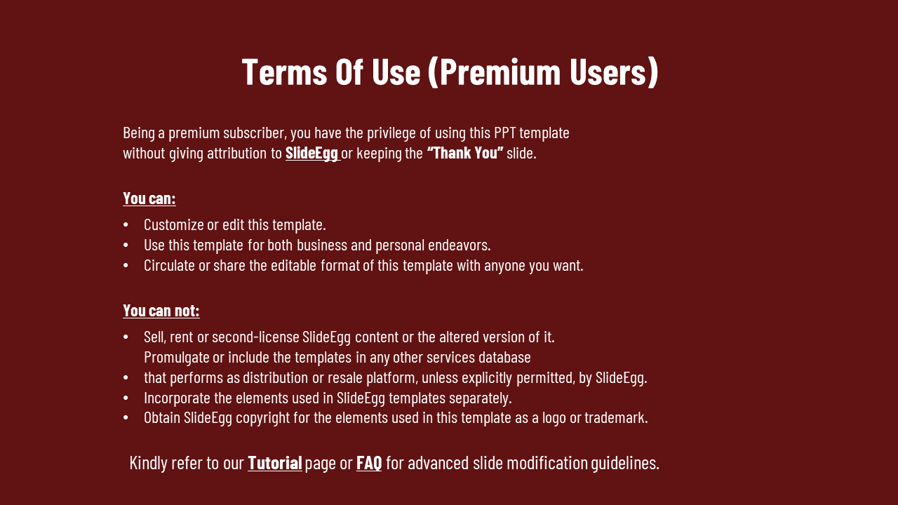 Red themed slide outlining premium user terms, with sections on customization, restrictions, and links to further resources.