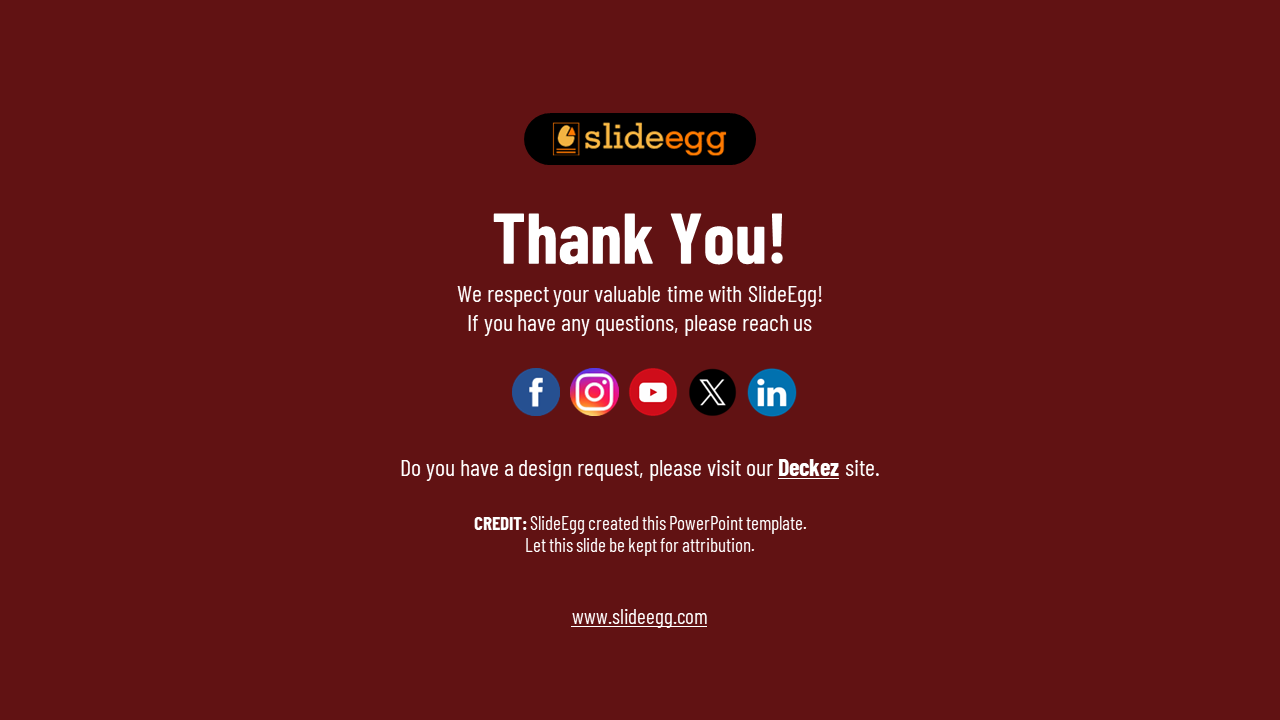 Simple red slide with thank you text, social media icons below, and a footer crediting SlideEgg with a design request link.