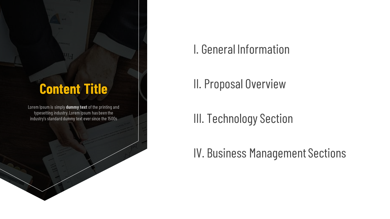 Split layout with angled dark photo on left showing hands over documents, and right side listing four content sections.