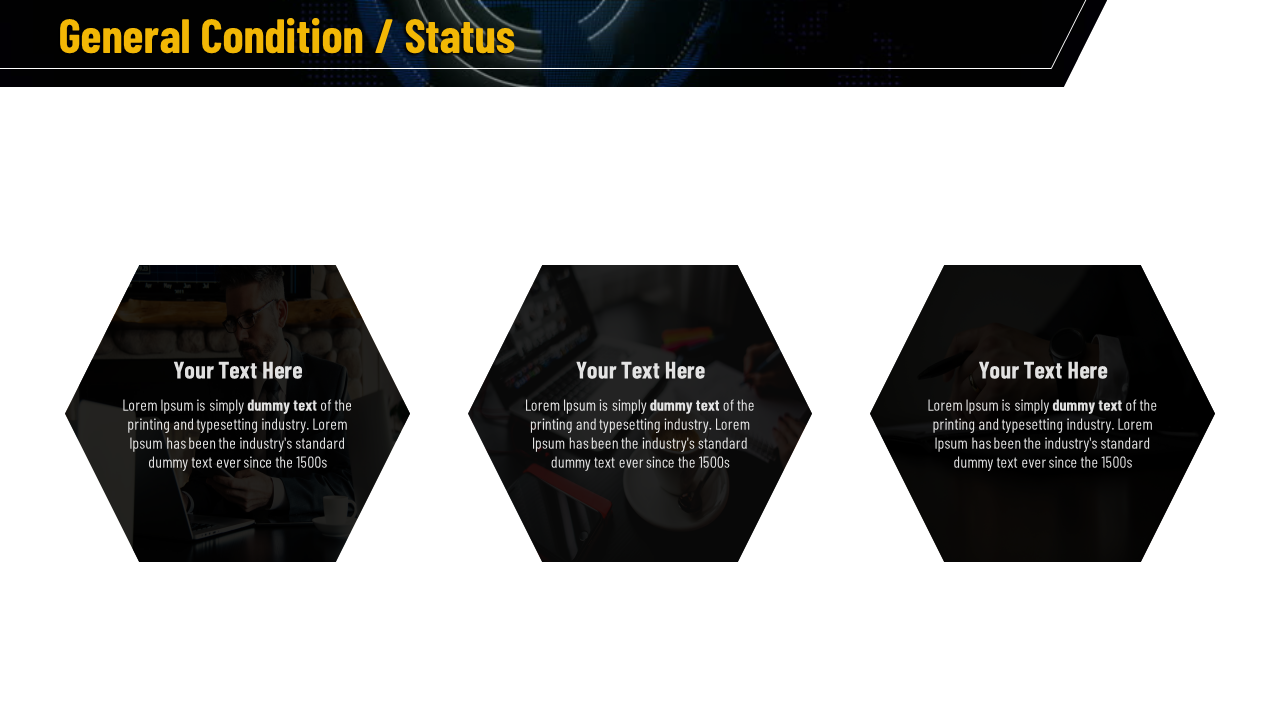 Three black hexagons in a row, each with dark photo backgrounds and centered white text overlaid.