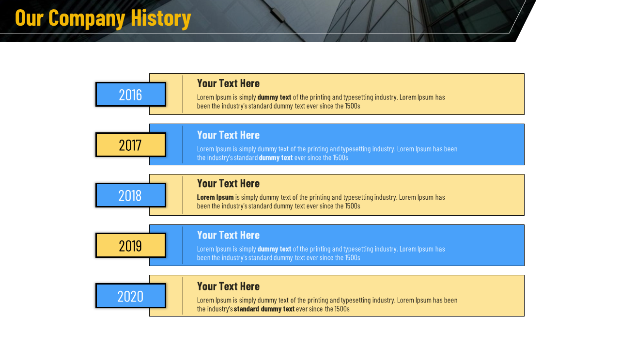 Timeline with five rectangular blocks, alternating in blue and yellow, connected to side labeled year tabs on the left.