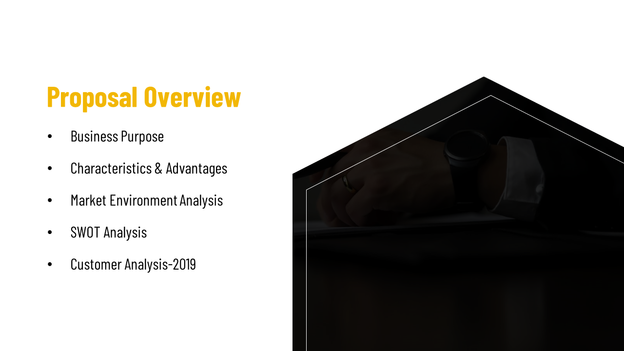 Slide with bold yellow title and bullet list on the left white space and an angled dark photo overlay on the right.