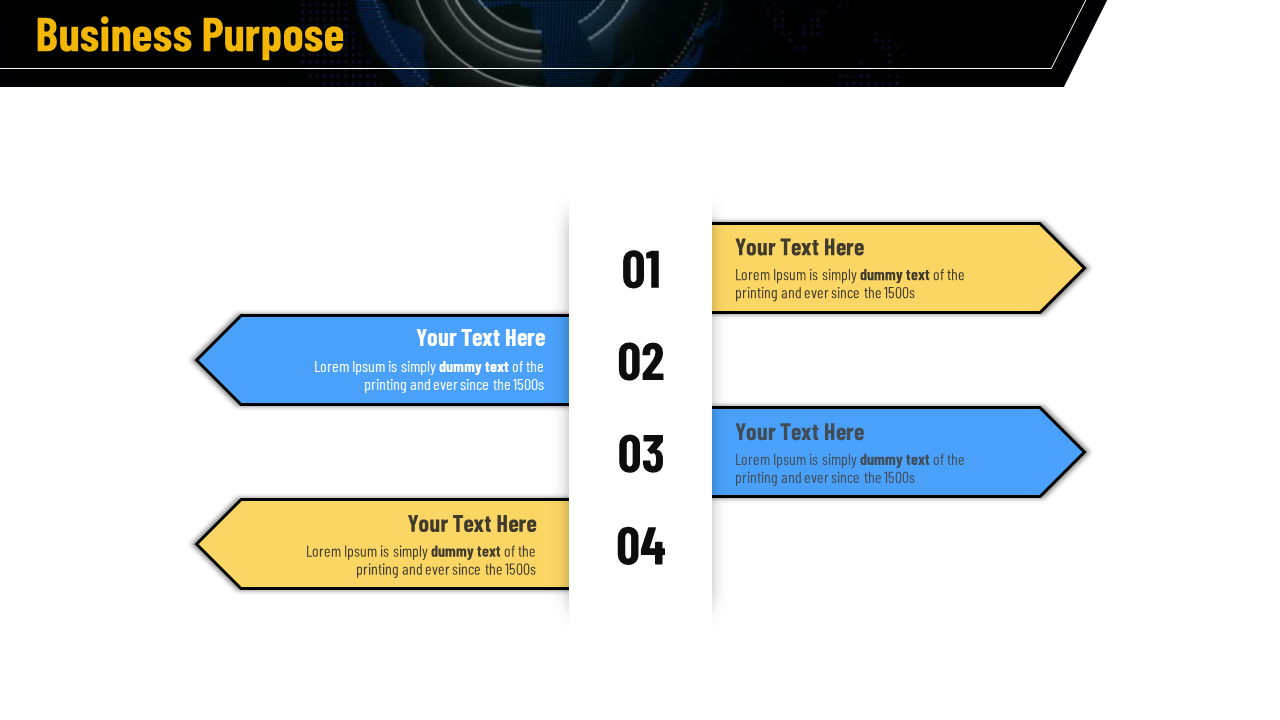 Four horizontal arrows split across a central vertical number column, alternating in blue and yellow colors.