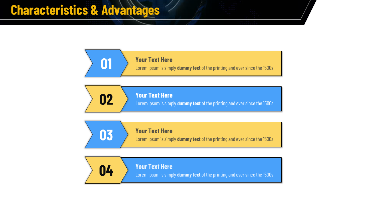 Numbered list with alternating blue and yellow ribbons and text boxes showing four characteristics and advantages.
