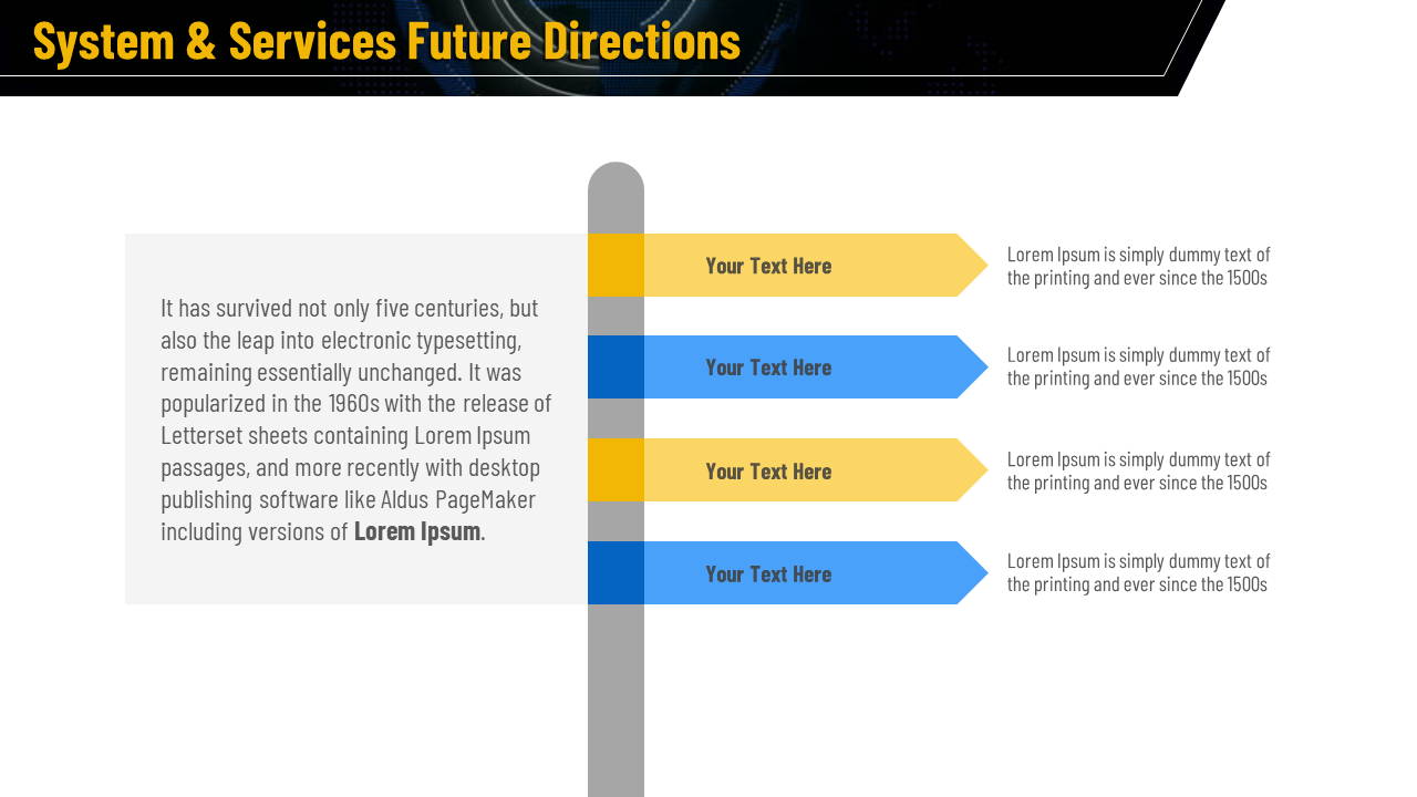 Vertical gray bar with alternating yellow and blue arrows pointing right, aligned with text blocks.