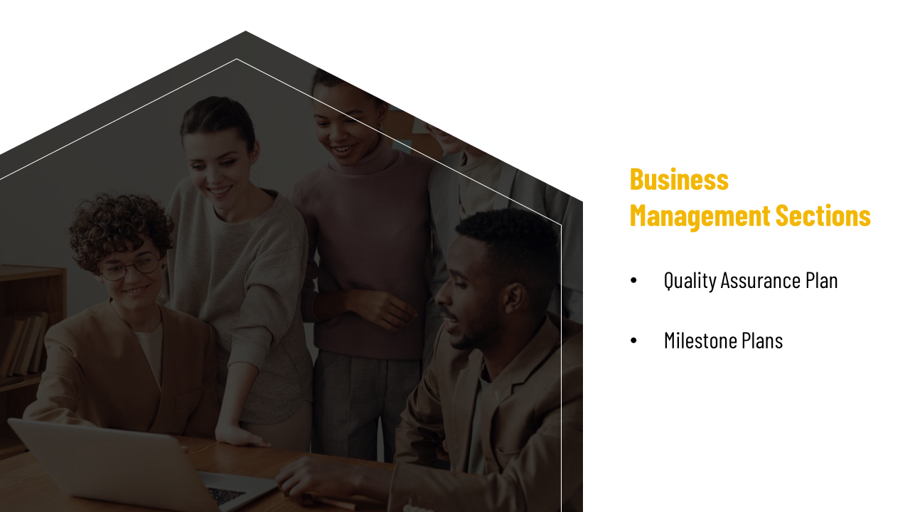 Team collaboration photo inside a dark geometric frame, with bullet list on the right and bold yellow title.