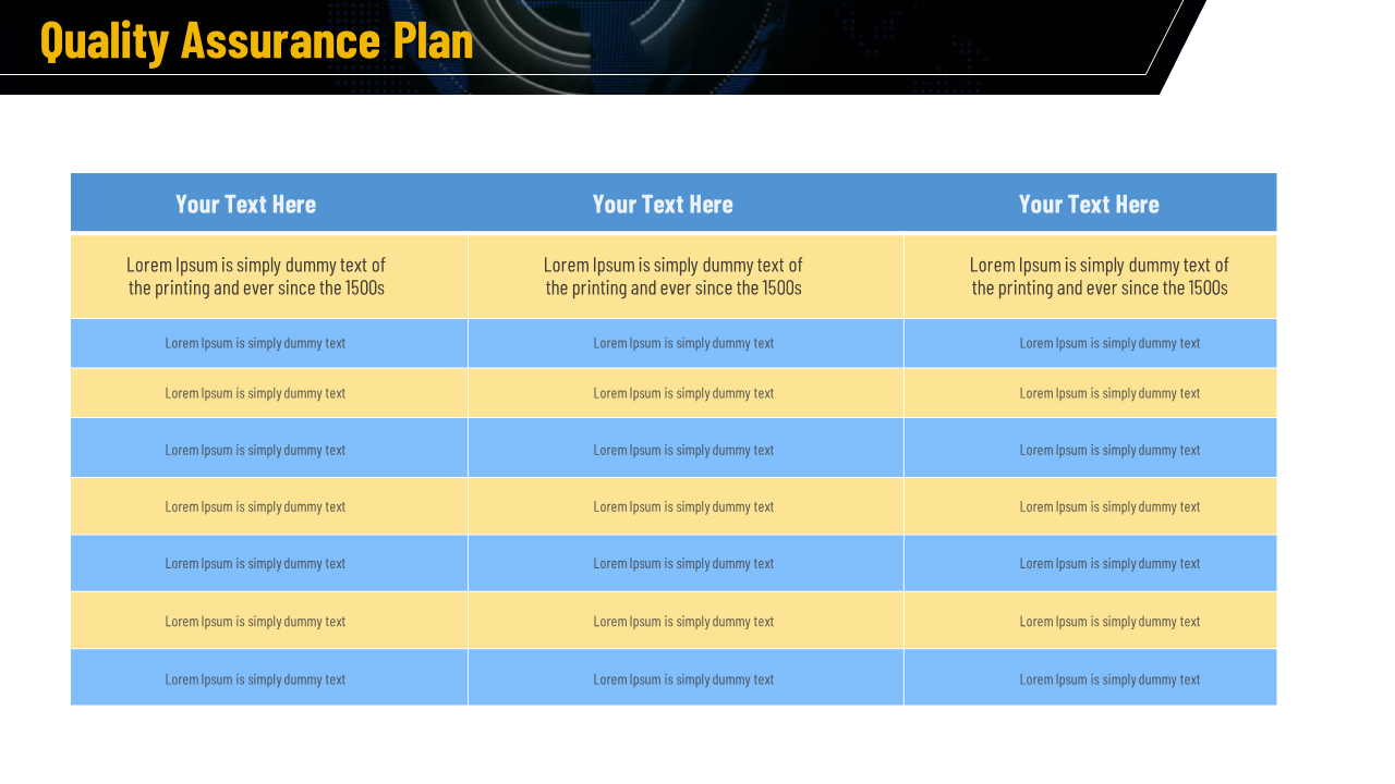 Quality plan table featuring a blue and yellow color scheme with repeated placeholder text and header section.