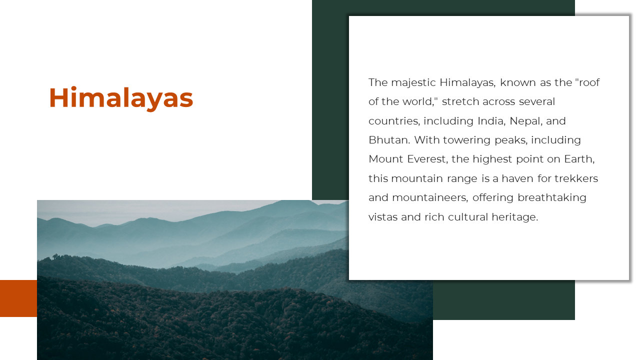 Slide showing misty ridged mountain image with boxed text overlay, accented by stacked dark green and orange rectangles.