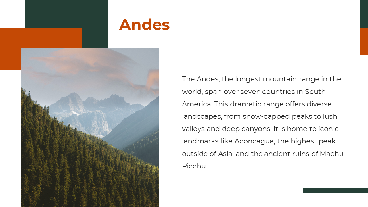 Forested mountain scene layered over orange and dark green blocks, paired with right side title and text in a white space.