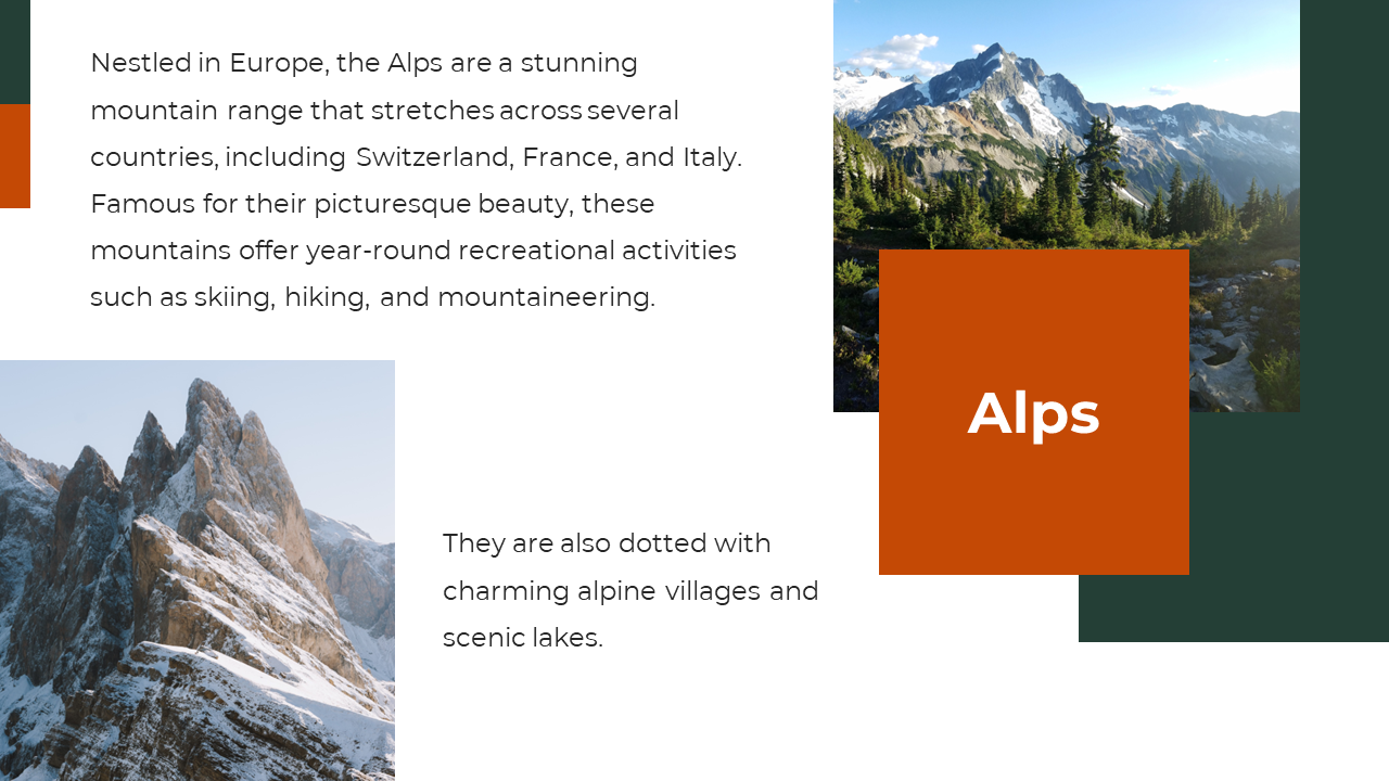 Dual photo with snowy peaks and pine forested mountain photos placed diagonally, with orange title box and dark green square.
