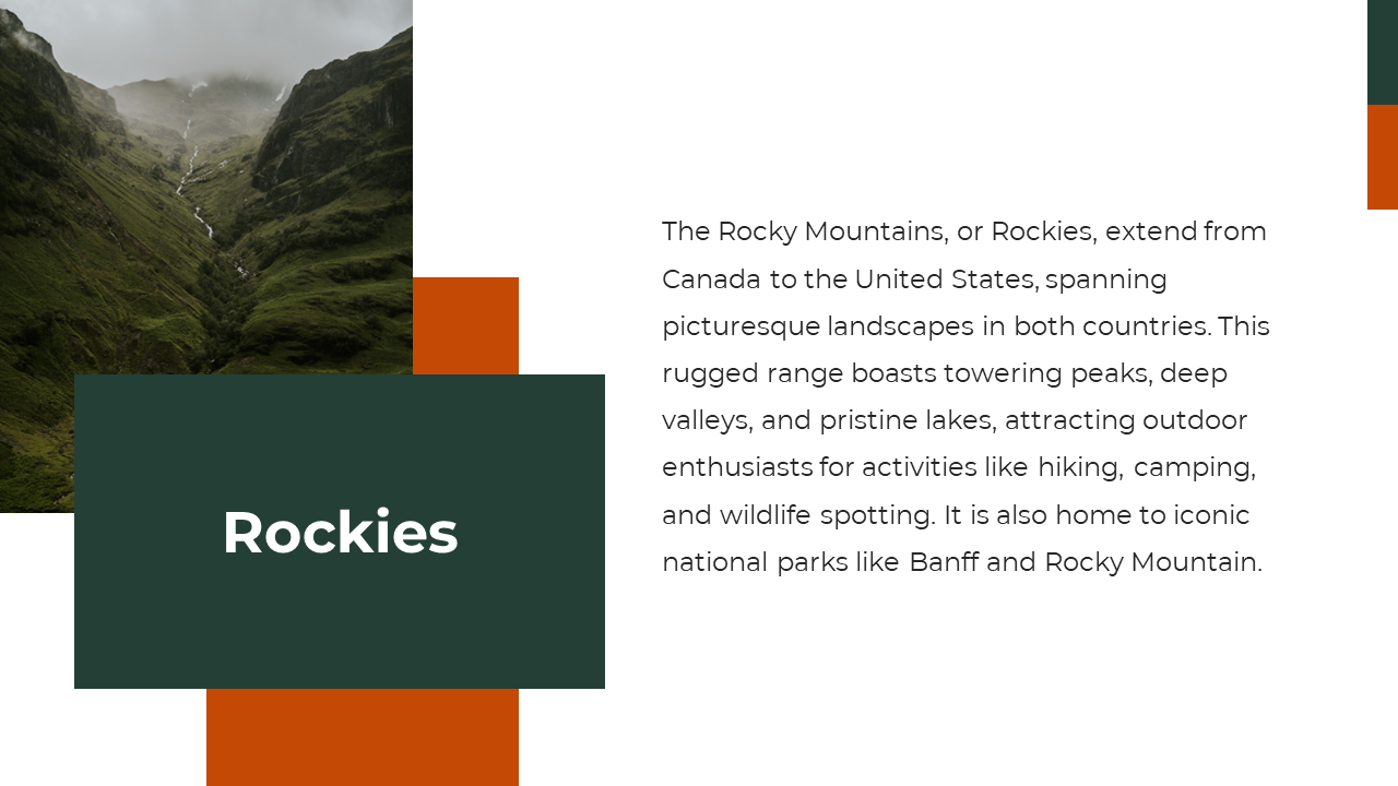 Overlapping dark green and orange shapes frame a cloudy mountain valley photo and structured text on white background.