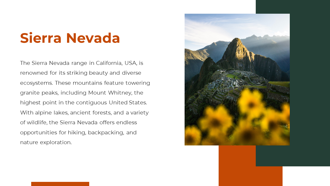 Right aligned photo of mountain ruins with blurred flowers overlaid on green and orange rectangles, and text on the left.