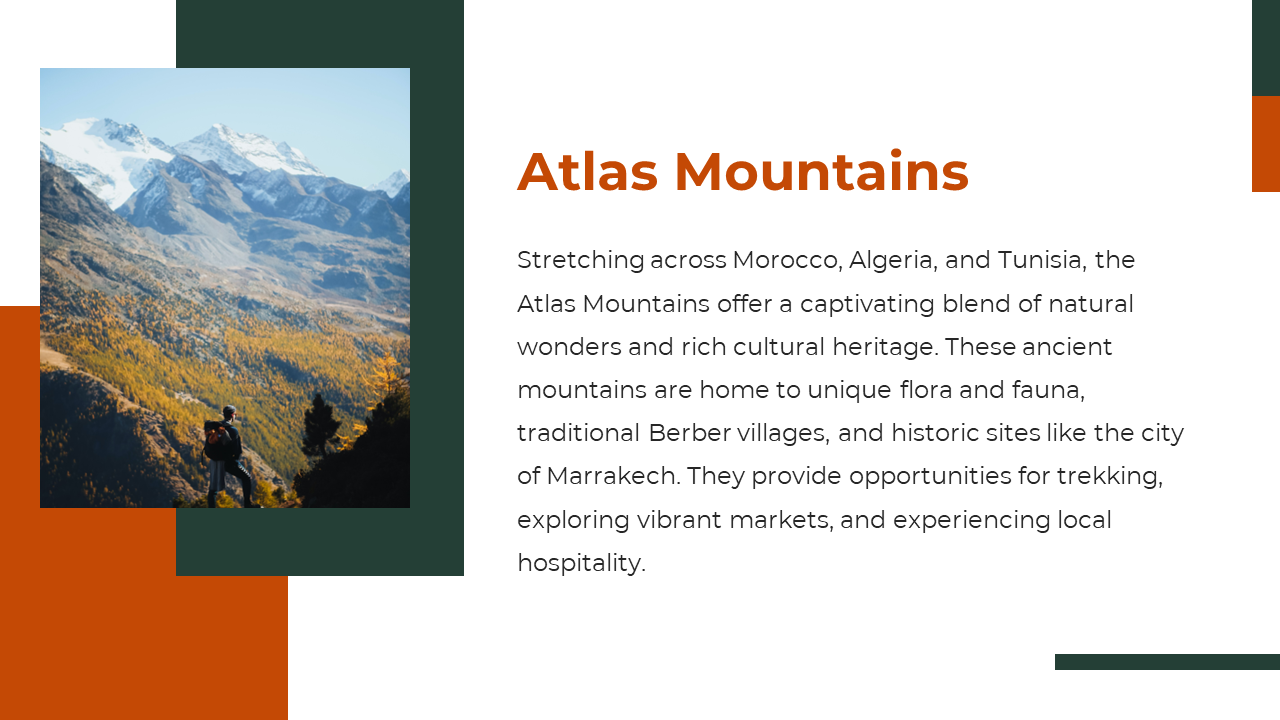 Left aligned mountain image with a hiker, layered over dark green and orange squares and text on a white background.