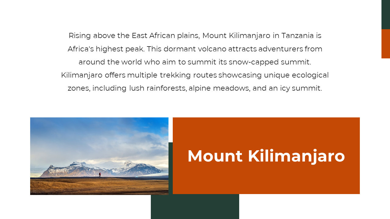 Bottom aligned photo of snowy mountain with dark green and orange rectangles, and center text above.