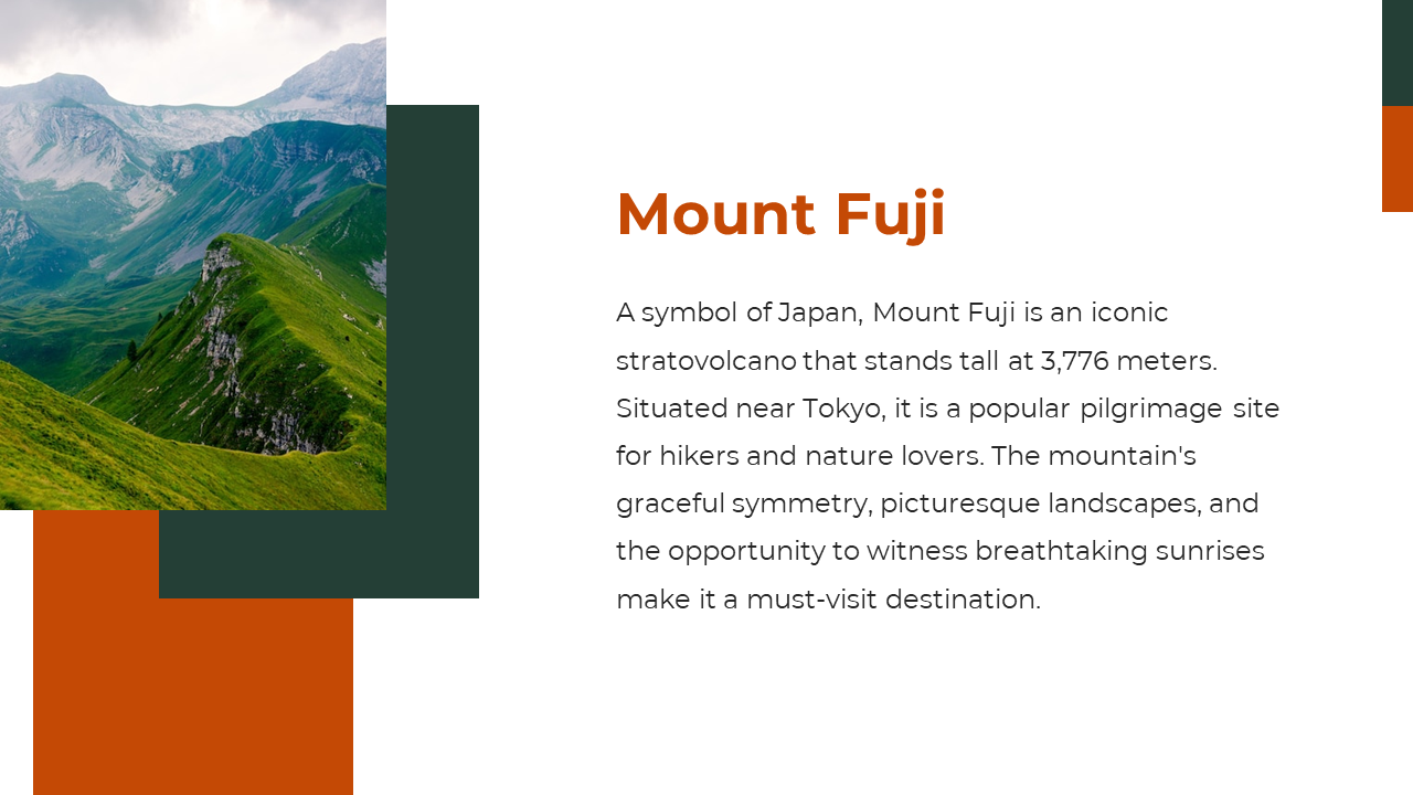 Overlapping rectangles in green and orange tones frame a vivid mountain photo on left and text on right white space.