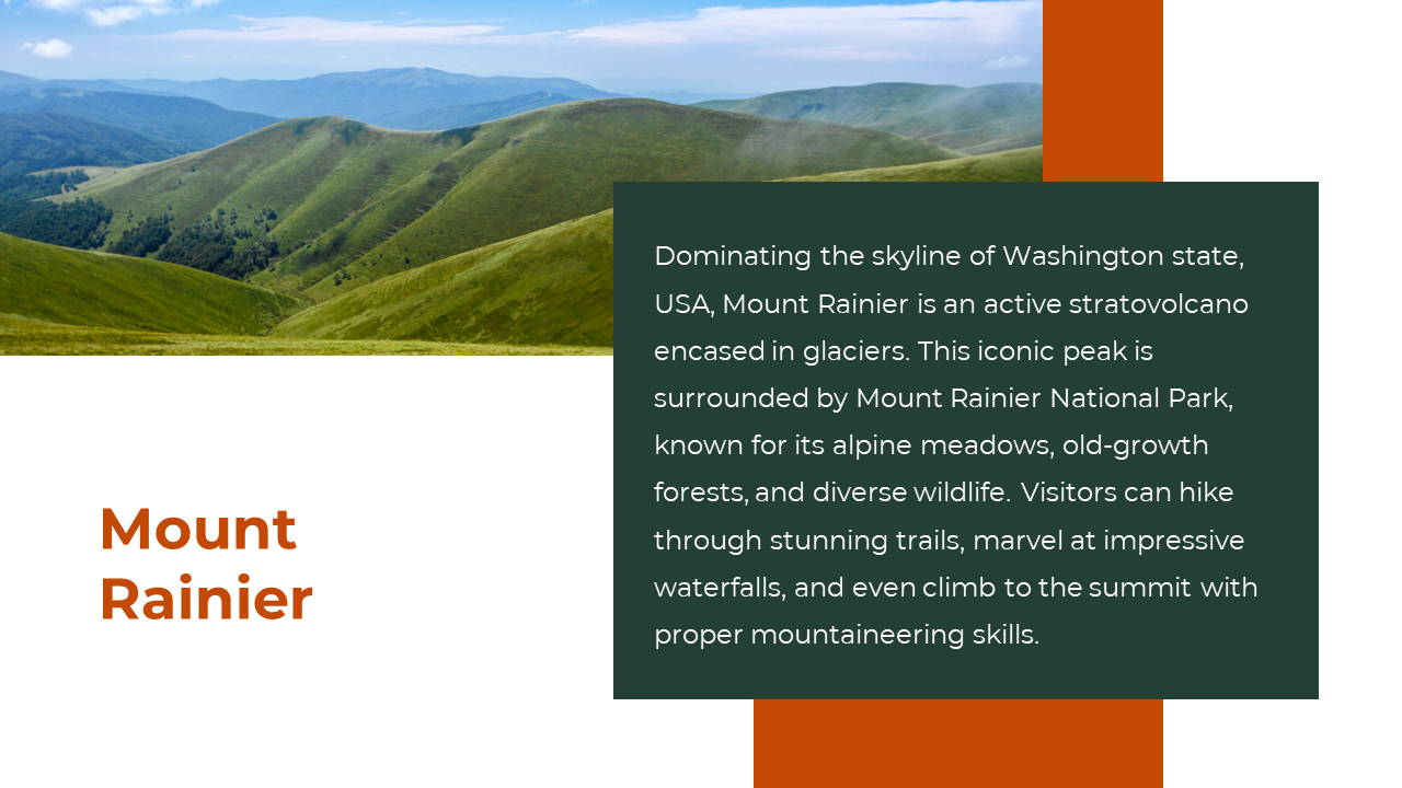 Split layout featuring green hills photo with orange accents, and dark green text box over white background with bold title.