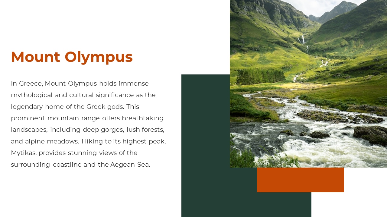 Landscape photo of a mountain stream above dark green and orange blocks, with left aligned white body text.