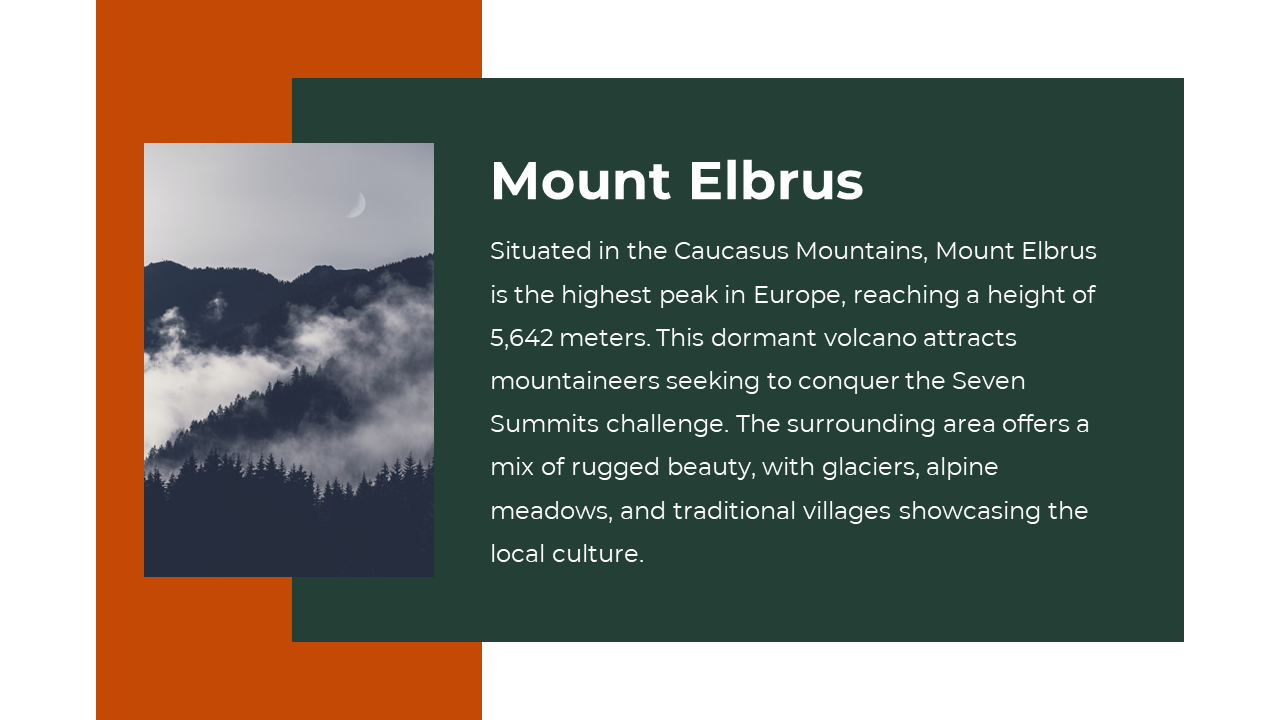 Misty mountain photo overlaid on orange and green rectangles beside dark green text box with white text.