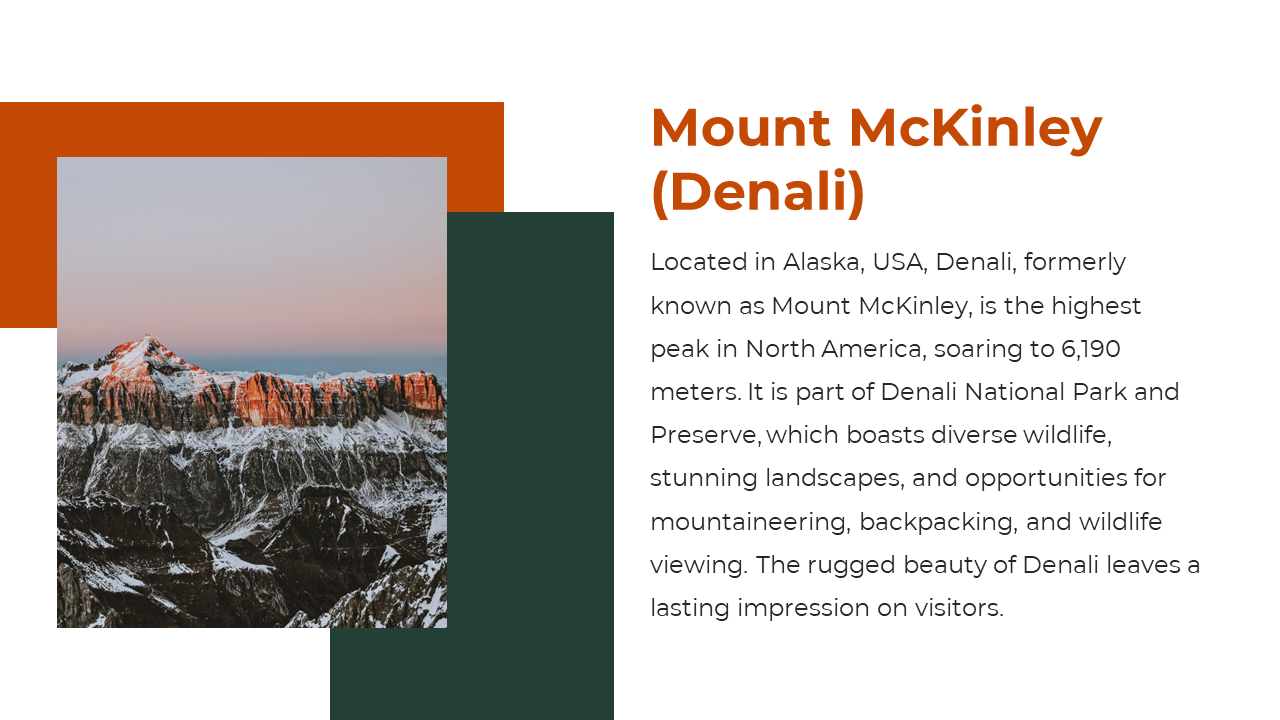 Square photo of snowy peaks with orange and dark green overlapping blocks beside a white text area on right.