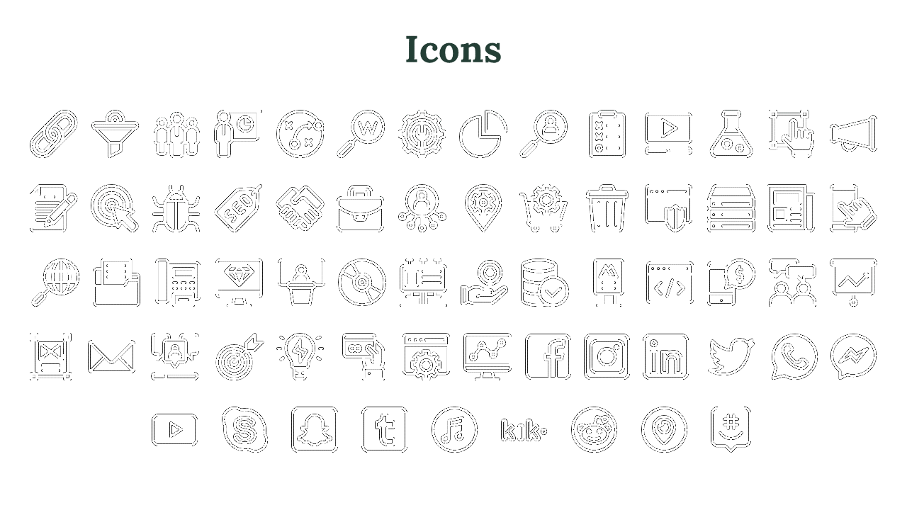 Grid layout of outlined black business and social media icons on a white background, centered under a dark green heading.