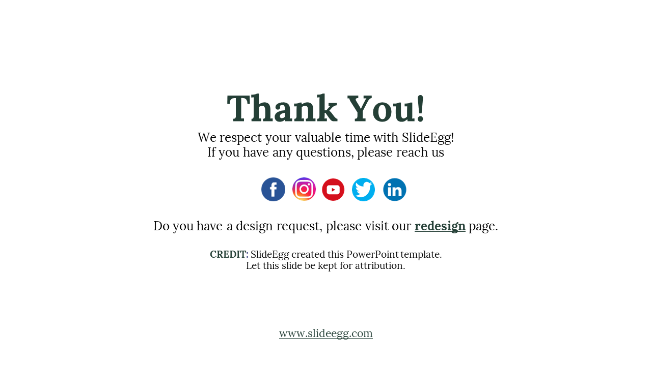 Centered thank you message in dark green with social icons in a row, on a clean white background.