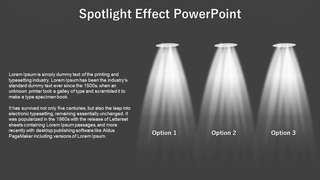 Three spotlight beams highlight labeled options on the right and text fills the left side, against a dark gray background.