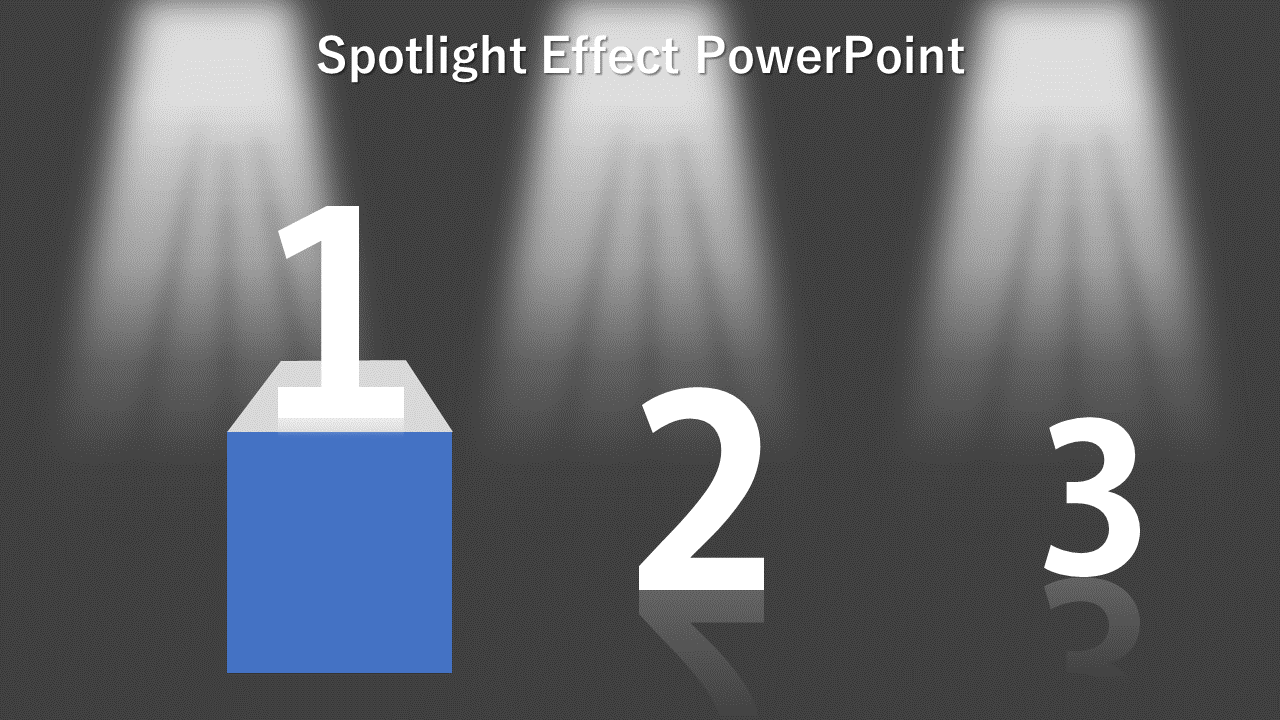 Ranking layout with three spotlights on large numbers labeled 1 to 3, highlighting first place on a tall blue block.